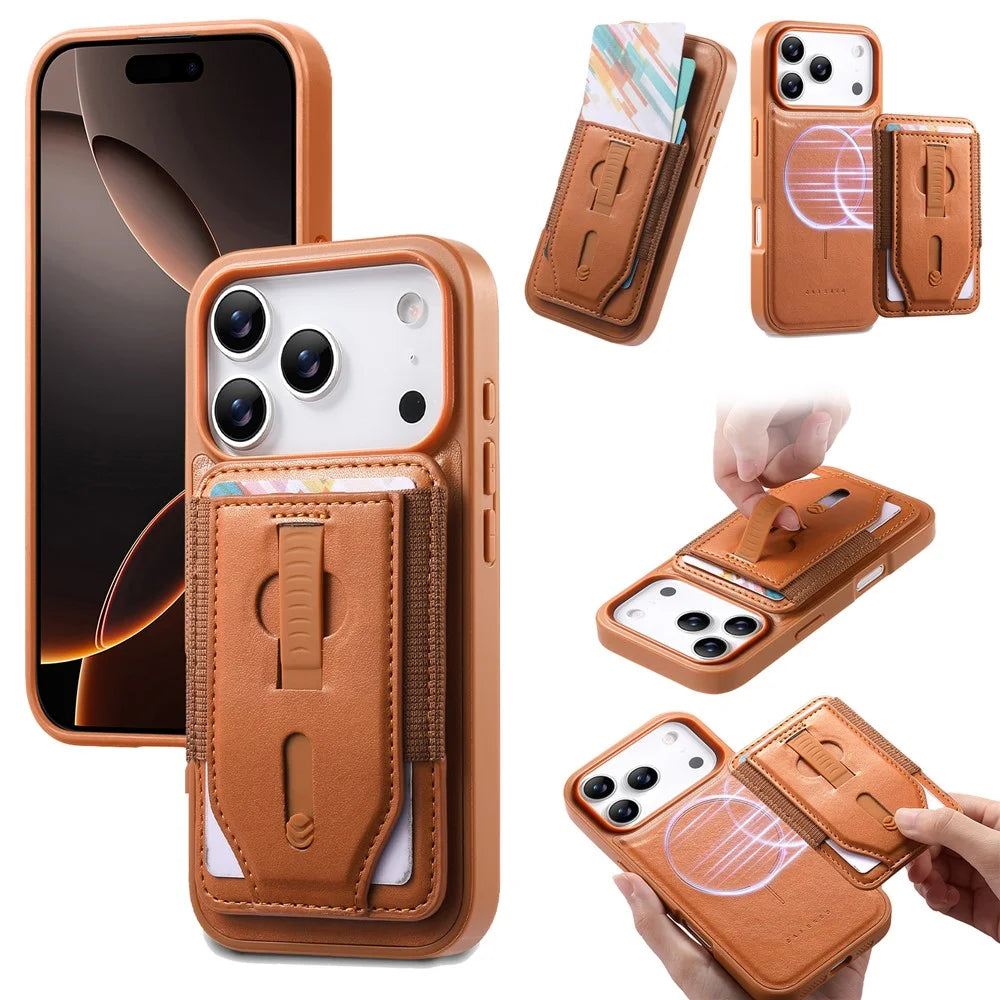 CASENEO for iPhone 18 Pro / 17 Pro Magnetic Case with Detachable Card Holder PC TPU PU Leather Silicone Wristband Phone Cover - Brown - 1