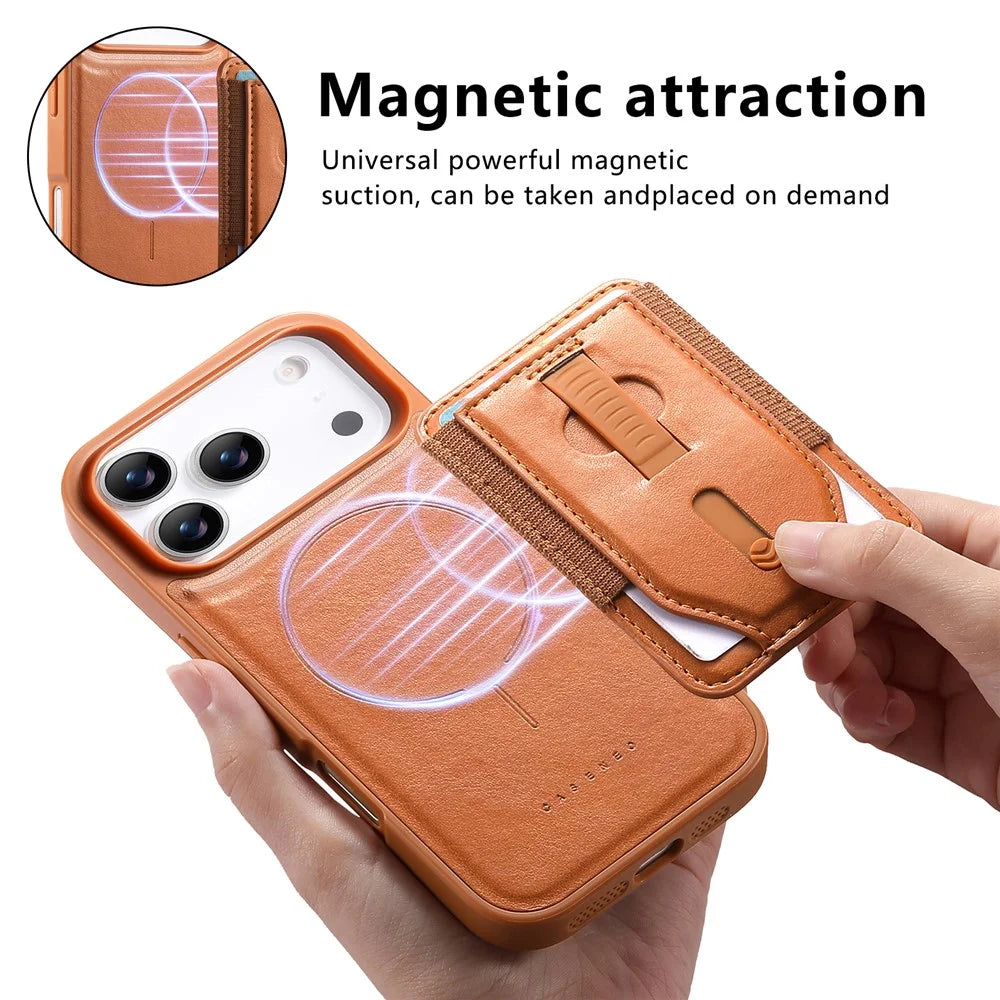 CASENEO for iPhone 18 Pro / 17 Pro Magnetic Case with Detachable Card Holder PC TPU PU Leather Silicone Wristband Phone Cover - Brown - 2