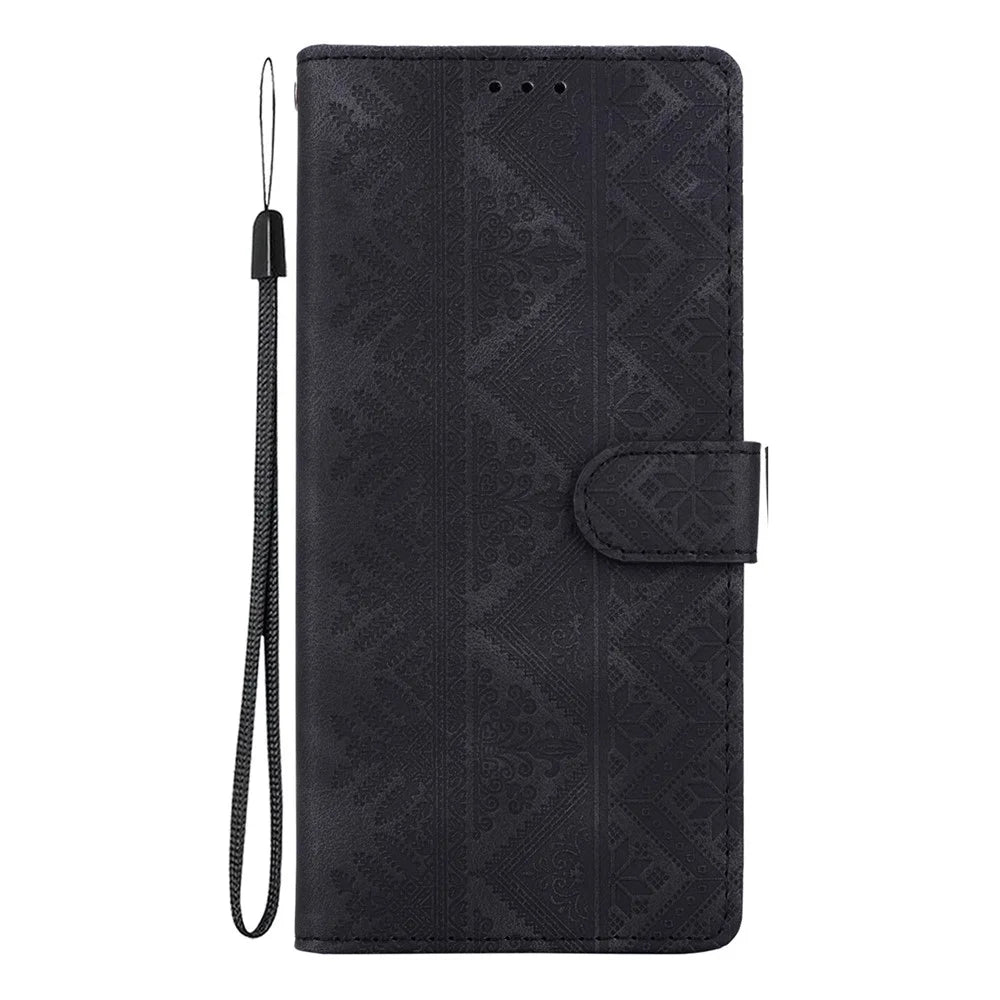 For iPhone 18 Pro  /  17 Pro Wallet Case Imprinted Ethnic Pattern Leather Phone Cover with Wrist Strap - Black - 7