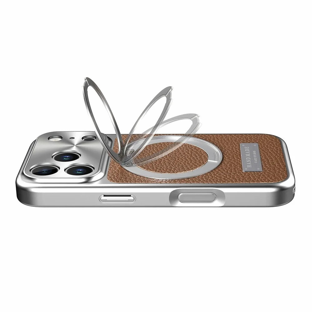 For iPhone 18 Pro / 17 Pro Magnetic Case Litchi Texture PU Leather+TPU+PC Phone Cover with Rotating Kickstand - Brown - 5