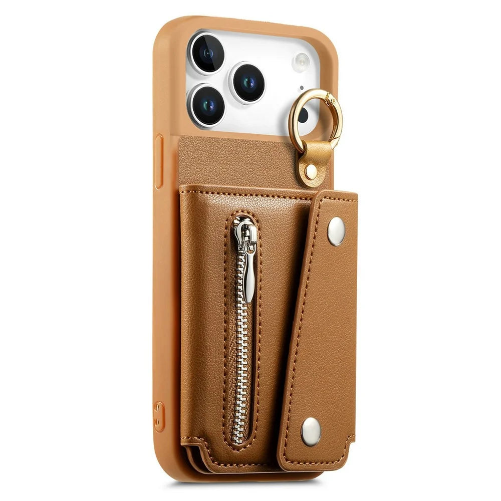 For iPhone 18 Pro / 17 Pro Case D-Ring Holder Leather + PC + TPU Phone Cover with Wallet Kickstand - Brown - 2