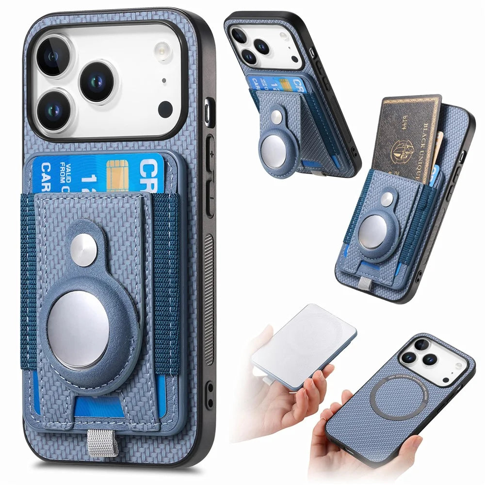 For iPhone 18 Pro Max / 17 Pro Max Case with AirTag Holder Detachable Card Slot Leather + TPU + PC Phone Cover - Blue - 1