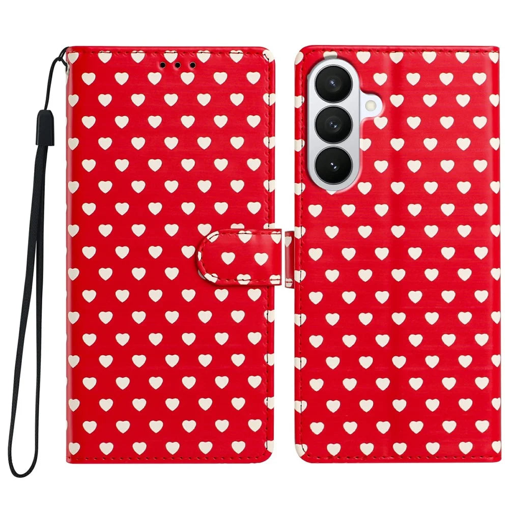 For Samsung Galaxy S26 FE Case Heart Pattern PU Leather Flip Wallet Stand Phone Cover with Wrist Strap - Red - 1