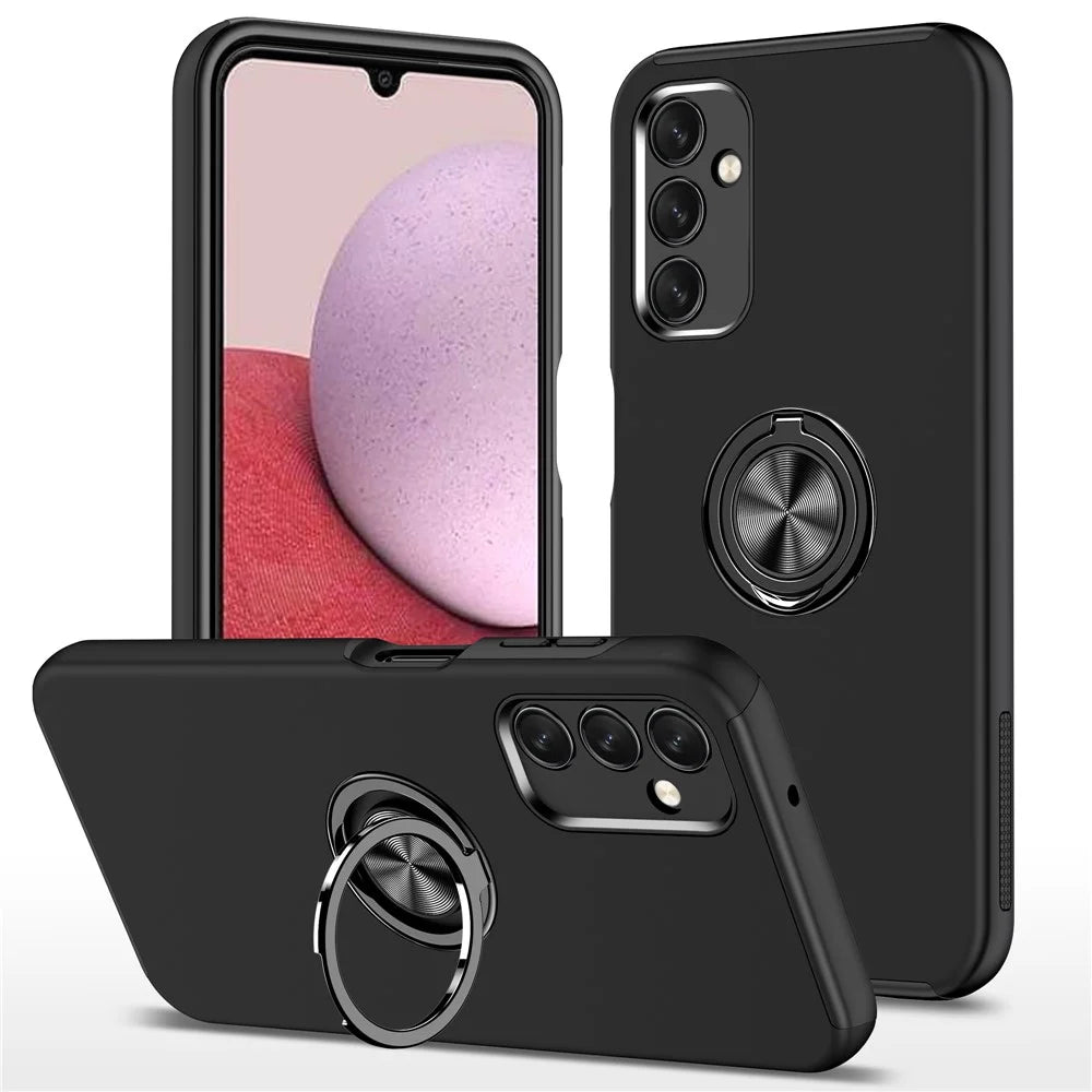For Samsung Galaxy A14 5G / A14 4G Rotation Ring Kickstand Case Hard PC+Soft TPU Dual Layer Protection Phone Cover - Black - 1