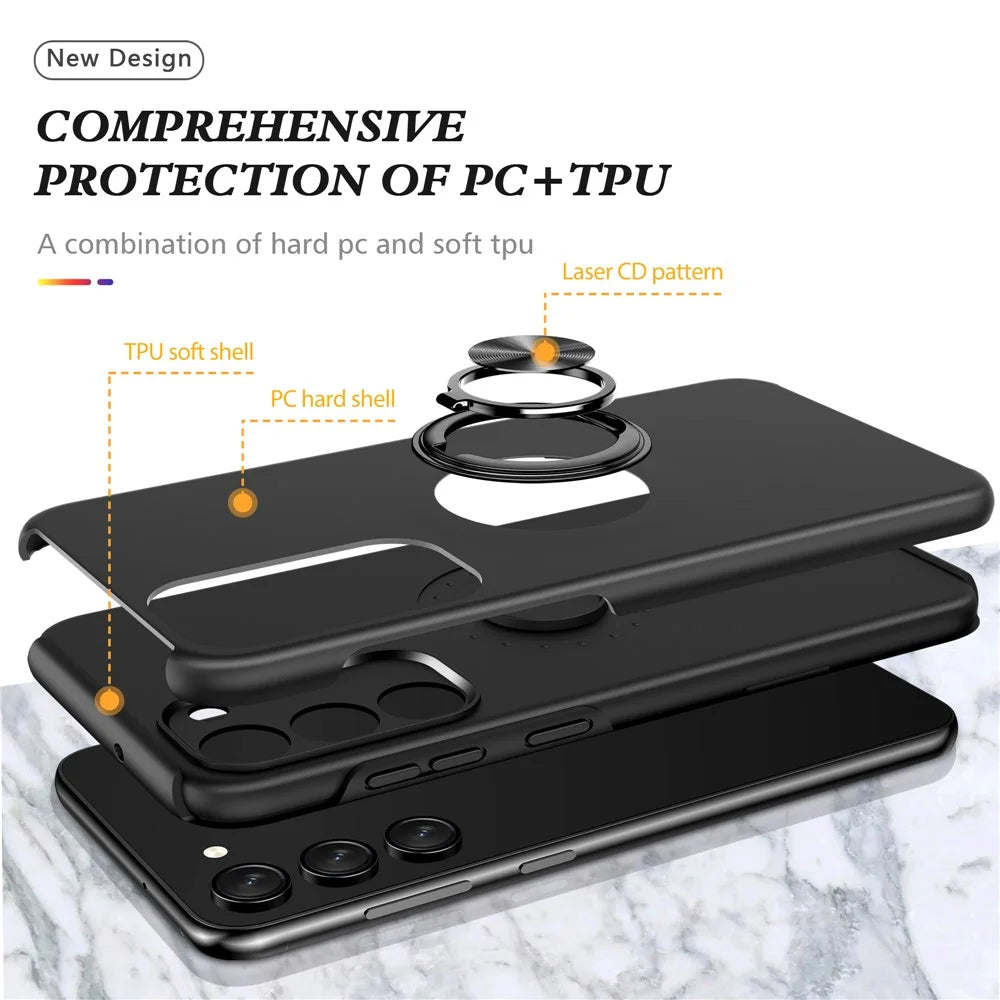 For Samsung Galaxy A14 5G / A14 4G Rotation Ring Kickstand Case Hard PC+Soft TPU Dual Layer Protection Phone Cover - Black - 5