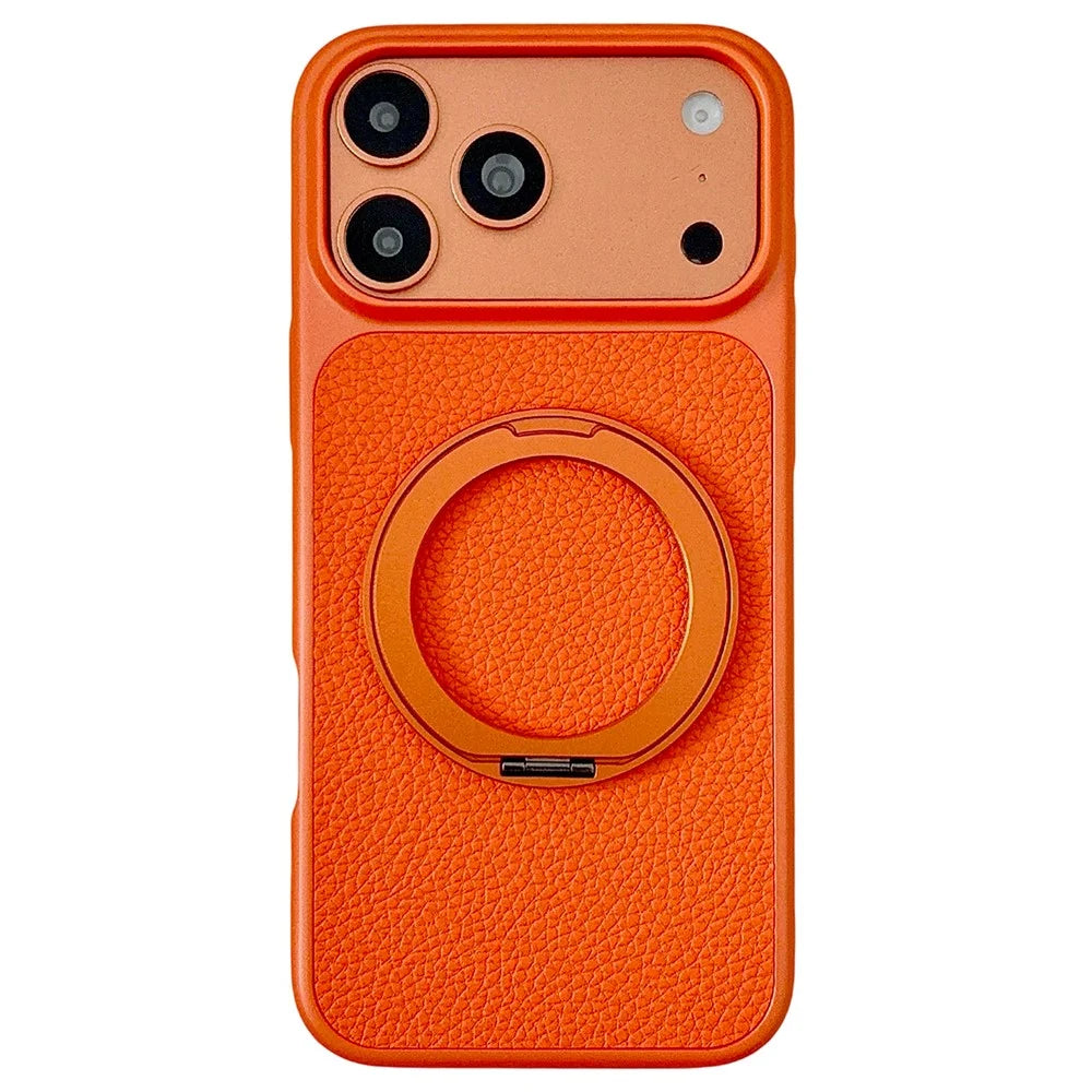 For iPhone 17 Pro Case Rotating Magnetic Kickstand Litchi Texture Leather Coated PC + TPU Phone Cover - Orange - 1