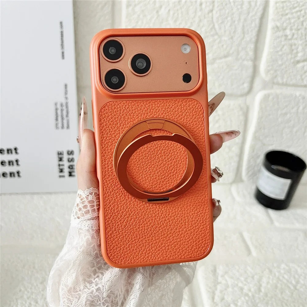For iPhone 17 Pro Case Rotating Magnetic Kickstand Litchi Texture Leather Coated PC + TPU Phone Cover - Orange - 2