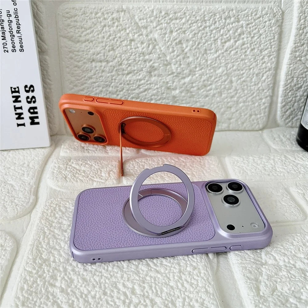 For iPhone 17 Pro Case Rotating Magnetic Kickstand Litchi Texture Leather Coated PC + TPU Phone Cover - Orange - 5