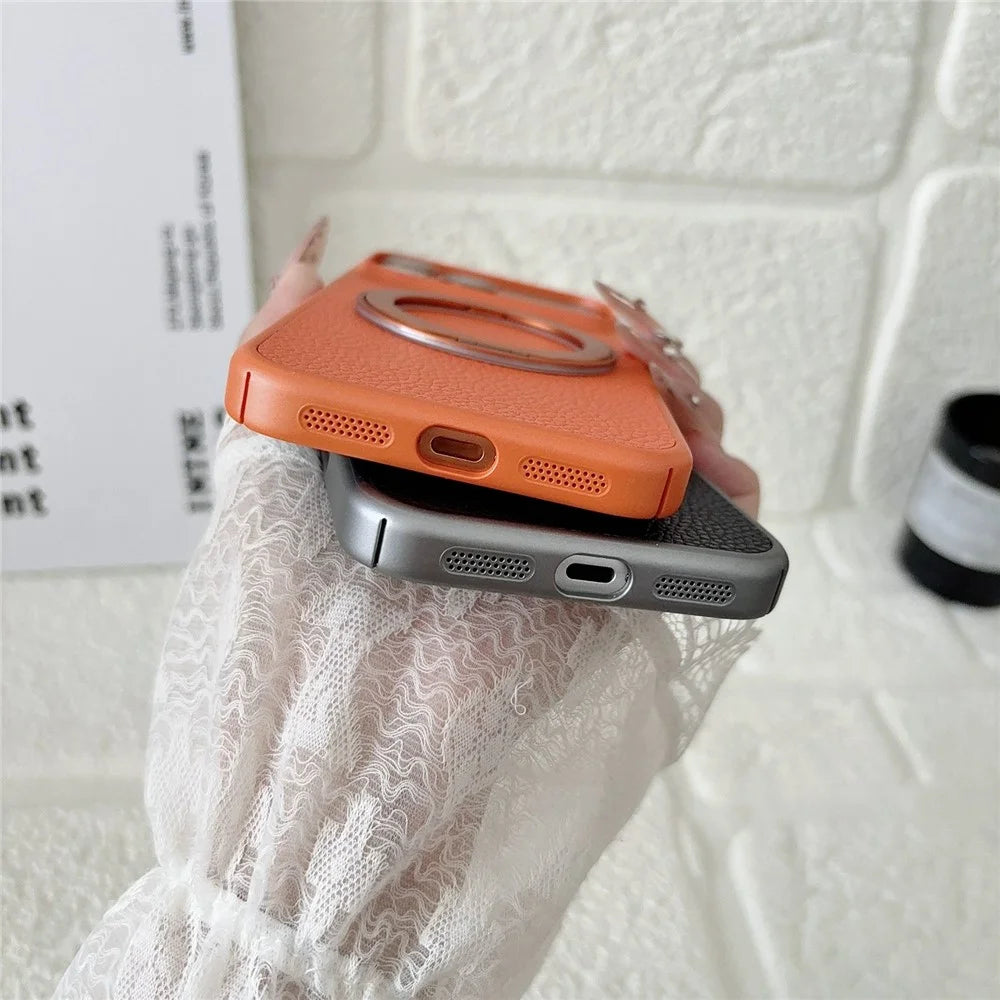 For iPhone 17 Pro Case Rotating Magnetic Kickstand Litchi Texture Leather Coated PC + TPU Phone Cover - Orange - 7