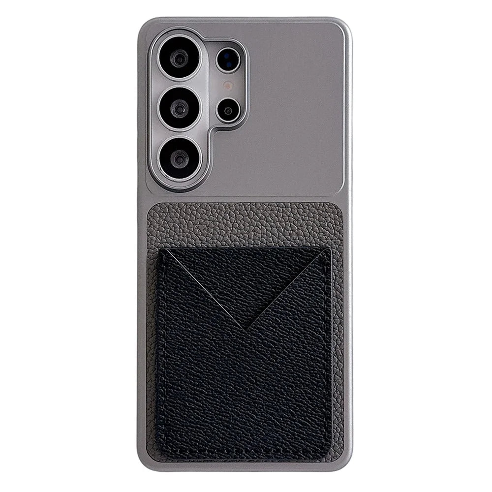 For Samsung Galaxy S25 Ultra Case with Card Slot Metal Paint Litchi Texture Leather Coated PC + TPU Phone Cover - Matte Grey - 1