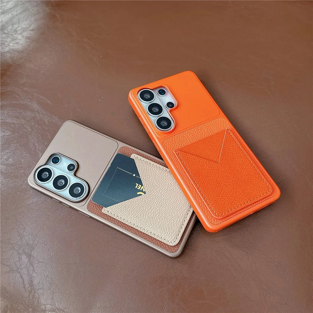 For Samsung Galaxy S25 Ultra Case with Card Slot Metal Paint Litchi Texture Leather Coated PC + TPU Phone Cover - Matte Grey - 4