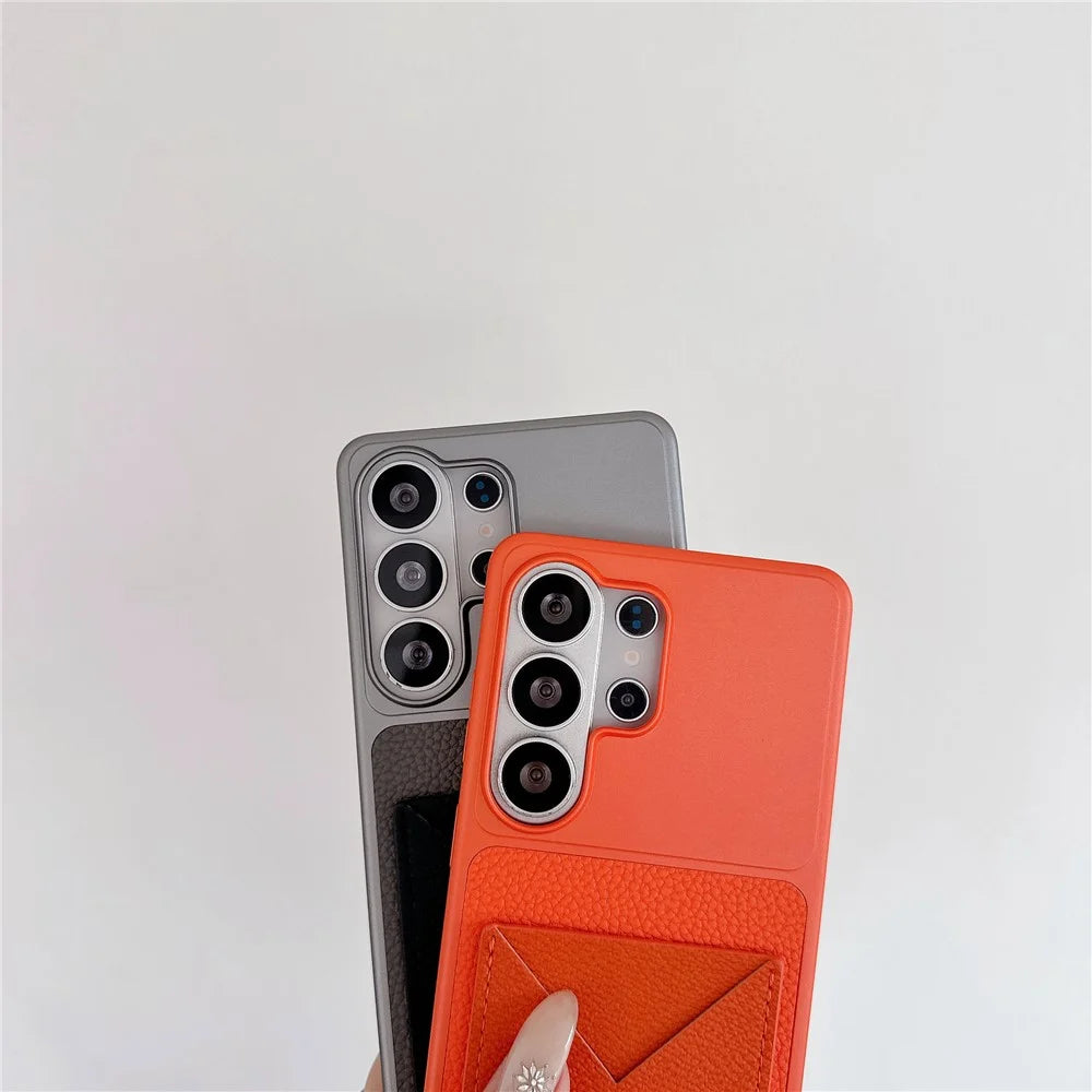For Samsung Galaxy S25 Ultra Case with Card Slot Metal Paint Litchi Texture Leather Coated PC + TPU Phone Cover - Matte Grey - 5