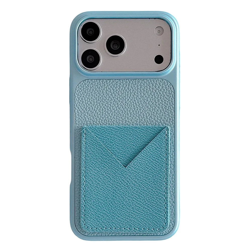 For iPhone 17 Pro Case with Card Slot Metal Paint Litchi Texture Leather Coated PC + TPU Phone Cover - Mist Blue - 1