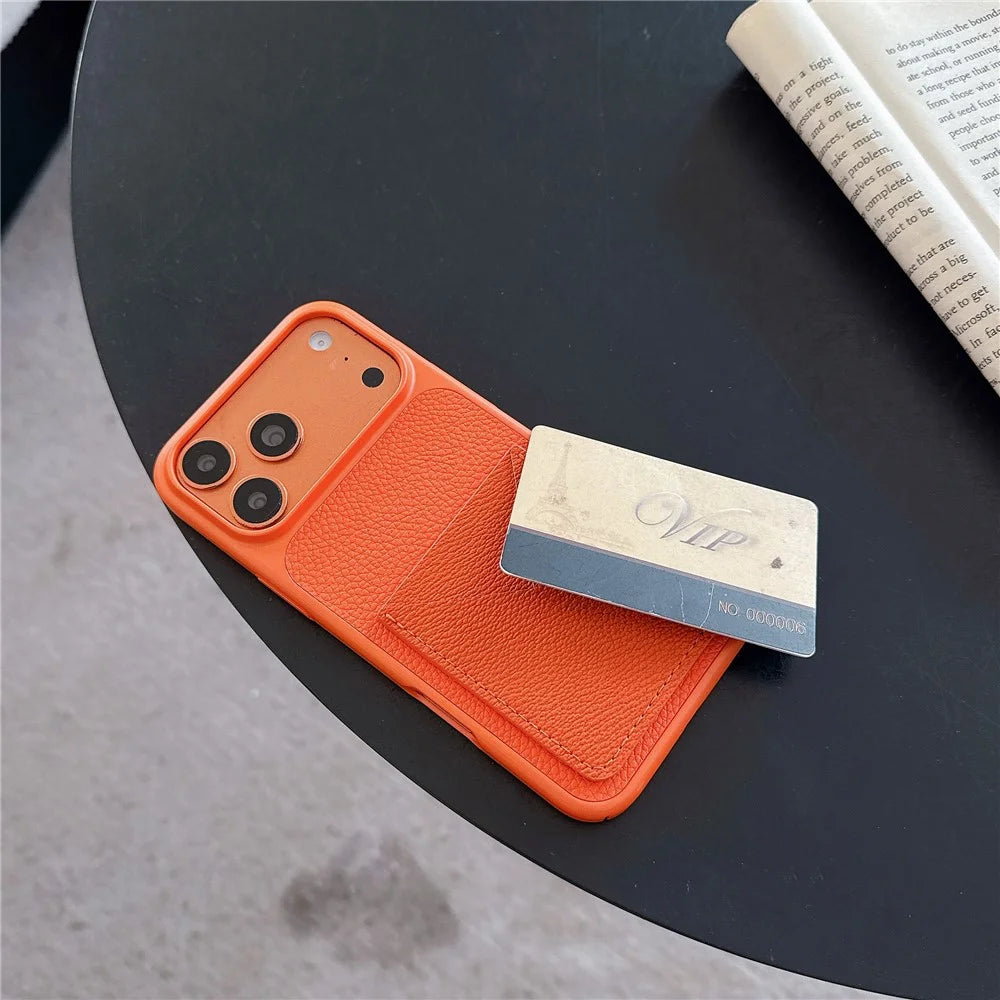 For iPhone 17 Pro Case with Card Slot Metal Paint Litchi Texture Leather Coated PC + TPU Phone Cover - Mist Blue - 4