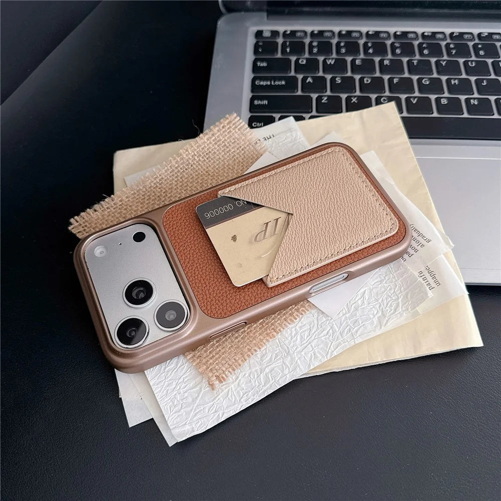 For iPhone 17 Pro Case with Card Slot Metal Paint Litchi Texture Leather Coated PC + TPU Phone Cover - Mist Blue - 5