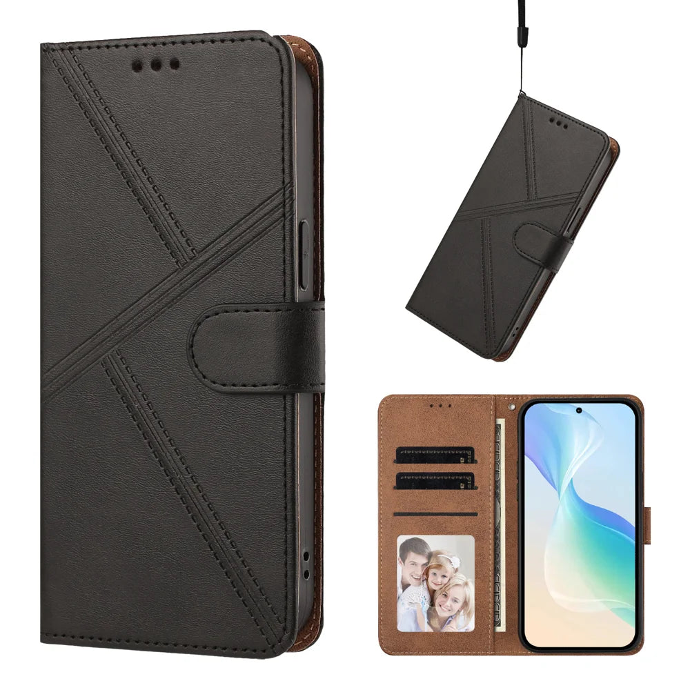 For Samsung Galaxy A17 4G / Galaxy A26 5G / Galaxy A18 4G / Galaxy A18 5G / Galaxy A17 5G Case Diamond Stitch PU Leather Wallet Flip Phone Cover with Wrist Strap - Black - 5