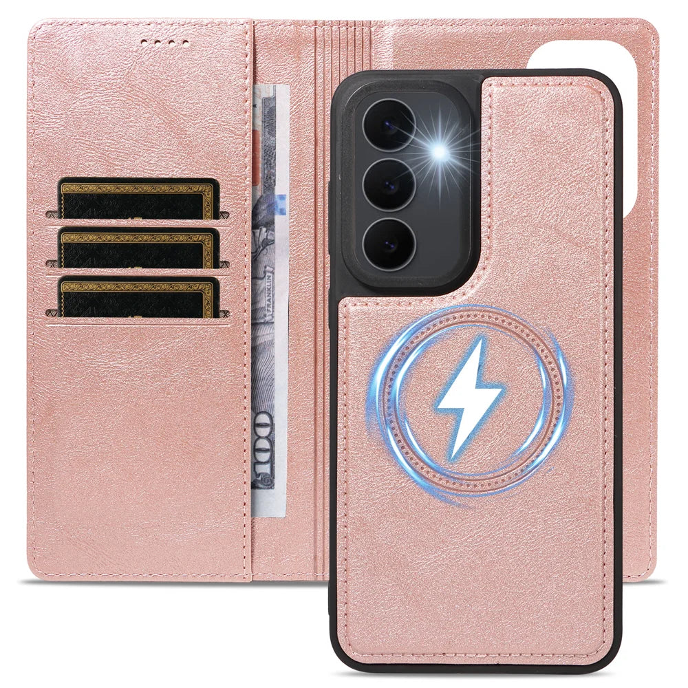 For Samsung Galaxy S25 FE Magnetic Case Detachable 2 in 1 Leather Wallet Phone Cover - Rose Gold - 4