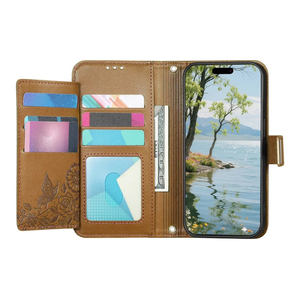For OnePlus Turbo 6X Pro 5G Case Floral Leaf Pattern Multi Card Slots Zipper Leather Phone Cover with Wrist Strap - Brown - 2