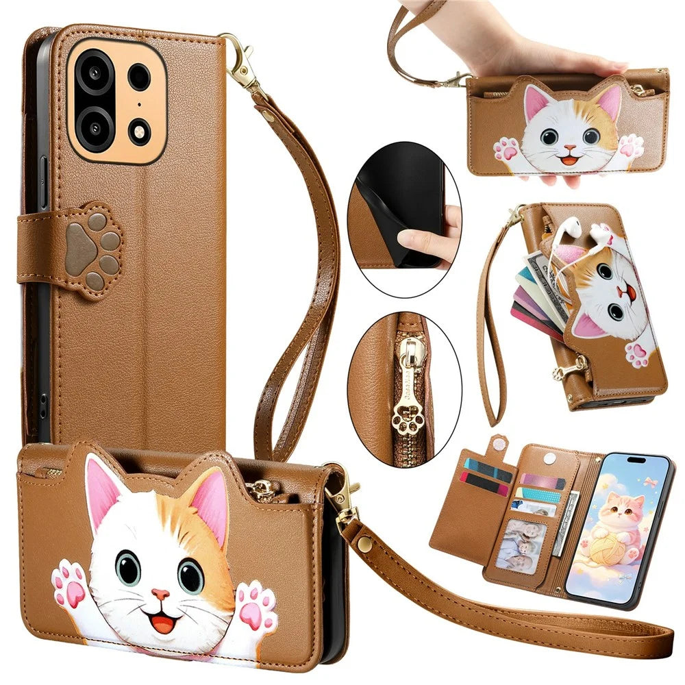 For OnePlus Turbo 6X Pro 5G Leather Case Cartoon Cat Pattern Wallet Stand Phone Cover with Wrist Strap - Brown - 1