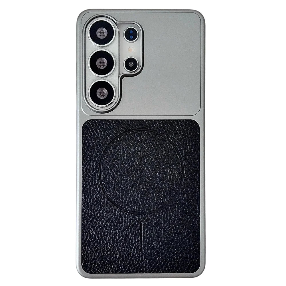 For Samsung Galaxy S26 Ultra Magnetic Case Litchi Texture Leather Coated PC + TPU Anti-Scratch Phone Cover - Black - 1