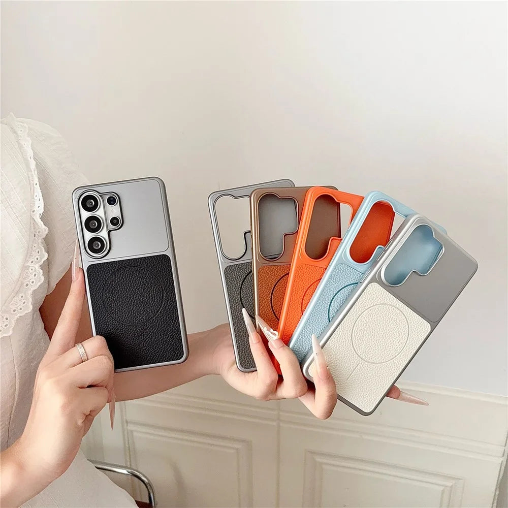 For Samsung Galaxy S26 Ultra Magnetic Case Litchi Texture Leather Coated PC + TPU Anti-Scratch Phone Cover - Black - 6