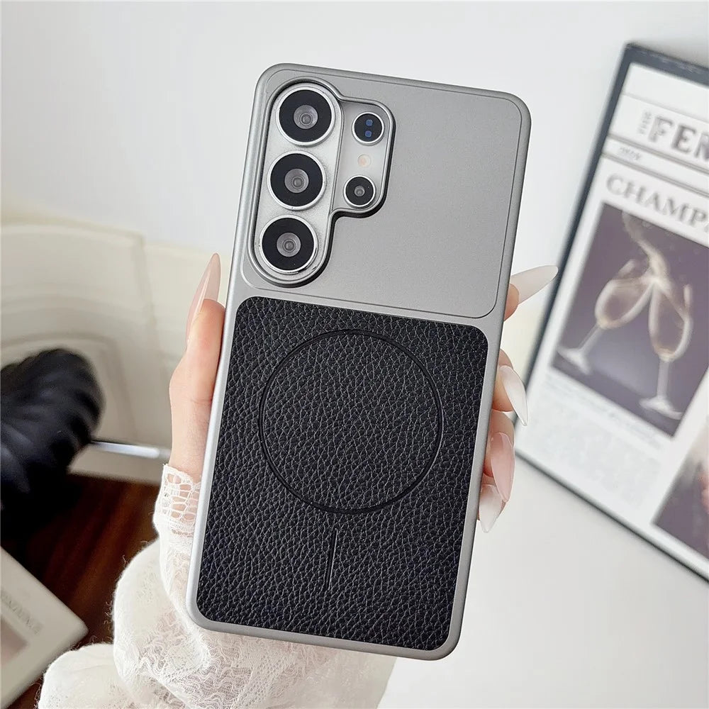 For Samsung Galaxy S25 Ultra Magnetic Case Litchi Texture Leather Coated PC + TPU Anti-Scratch Phone Cover - Black - 2