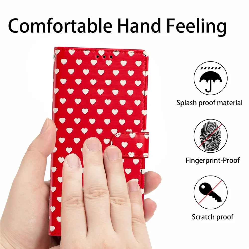 For iPhone 17e / 16e Case Heart Pattern PU Leather Flip Wallet Stand Phone Cover with Wrist Strap - Red - 4