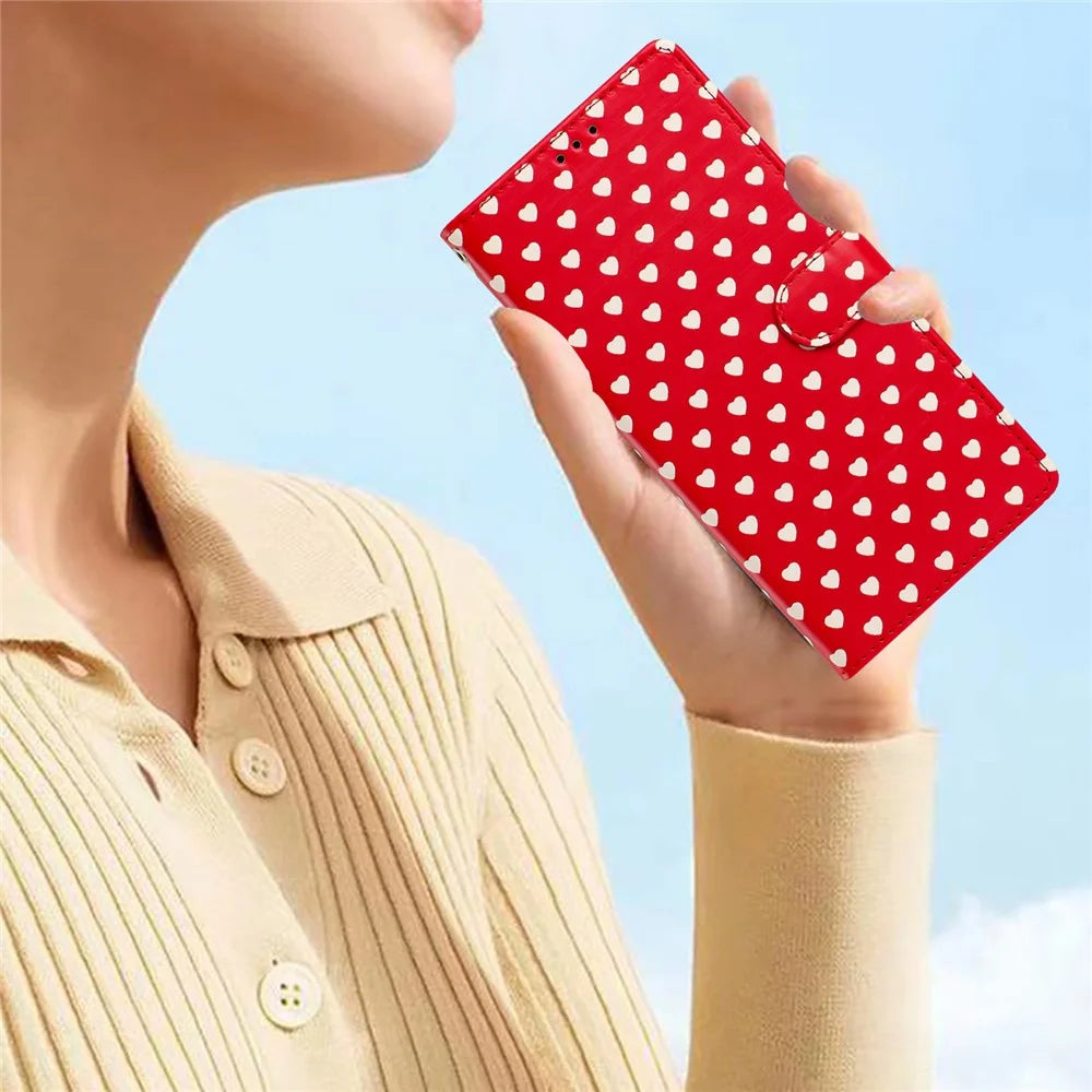 For iPhone 17e / 16e Case Heart Pattern PU Leather Flip Wallet Stand Phone Cover with Wrist Strap - Red - 5