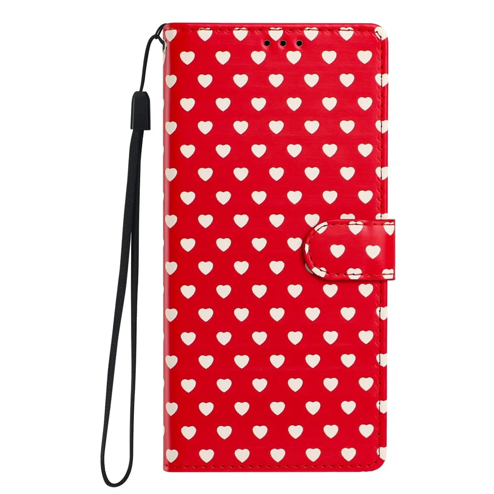 For iPhone 17e / 16e Case Heart Pattern PU Leather Flip Wallet Stand Phone Cover with Wrist Strap - Red - 6