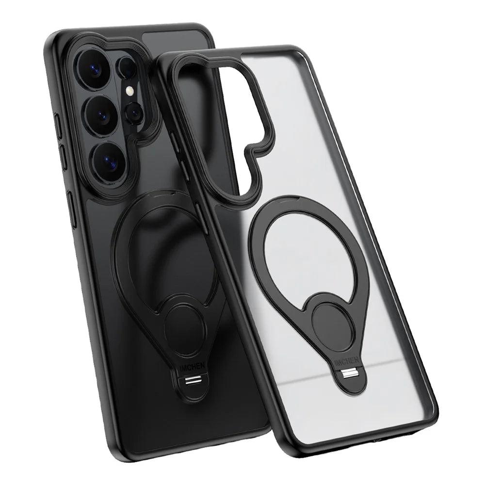 IM-CHEN for Samsung Galaxy S26 Ultra Case Magnetic Tennis Racket Kickstand PC + TPU Translucent Matte Phone Cover - Black - 1