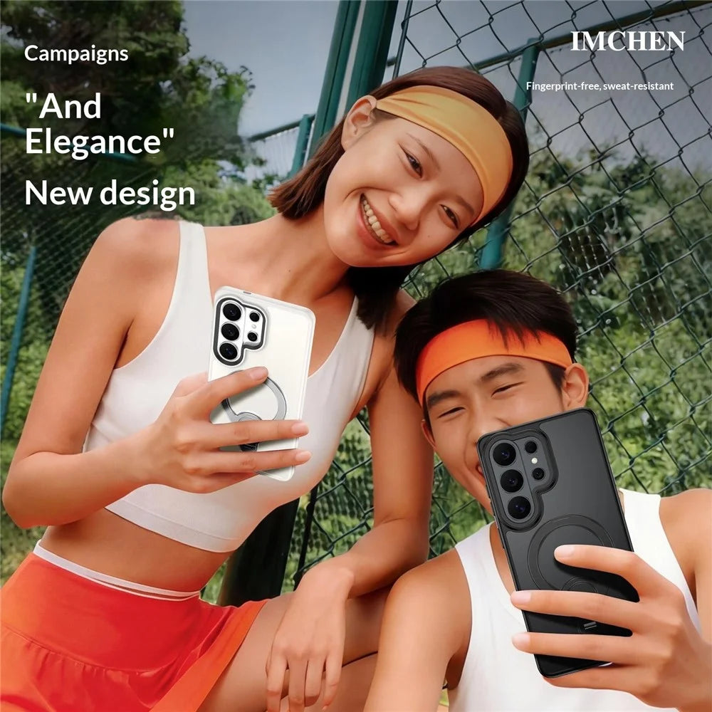 IM-CHEN for Samsung Galaxy S26 Ultra Case Magnetic Tennis Racket Kickstand PC + TPU Translucent Matte Phone Cover - Black - 3