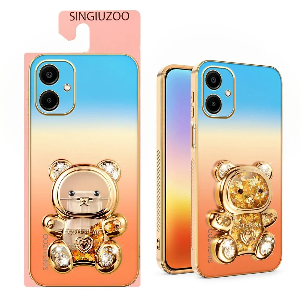 SINGIUZOO For Samsung Galaxy A06 4G Case Glitter Bear Kickstand Electroplated Gradient Color PC + TPU Phone Cover - Orange - 2