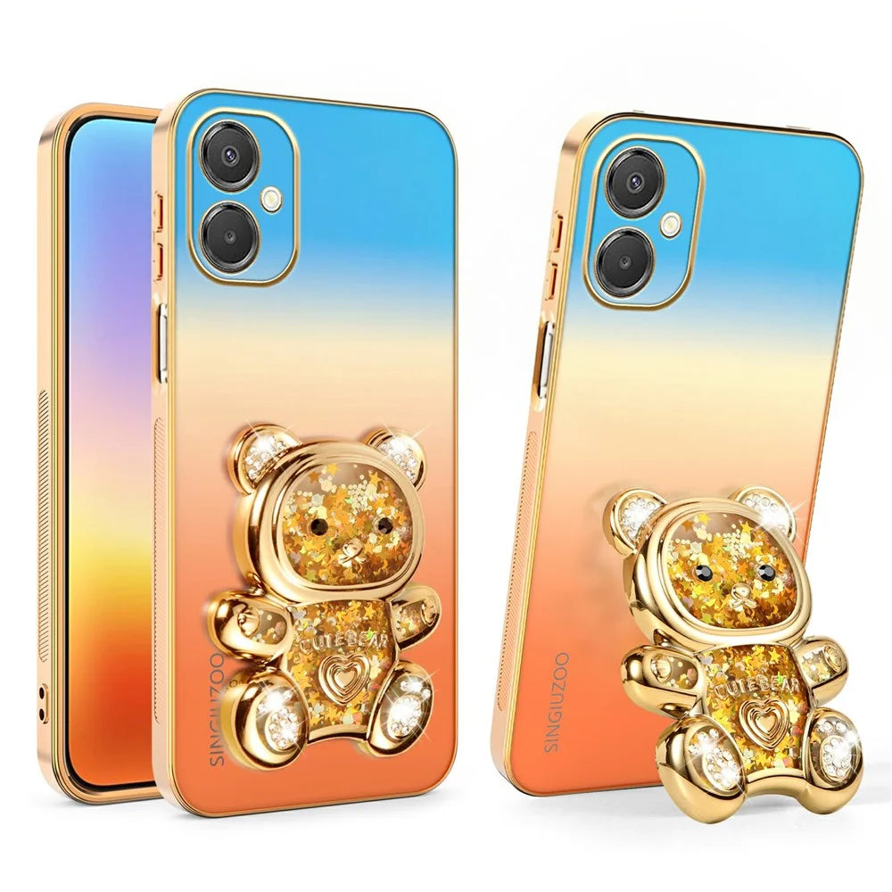 SINGIUZOO Electroplated Case For Samsung Galaxy A06 5G / M06 5G / F06 5G / M05 4G Glitter Bear Kickstand Gradient Color PC + TPU Phone Cover - Orange - 1