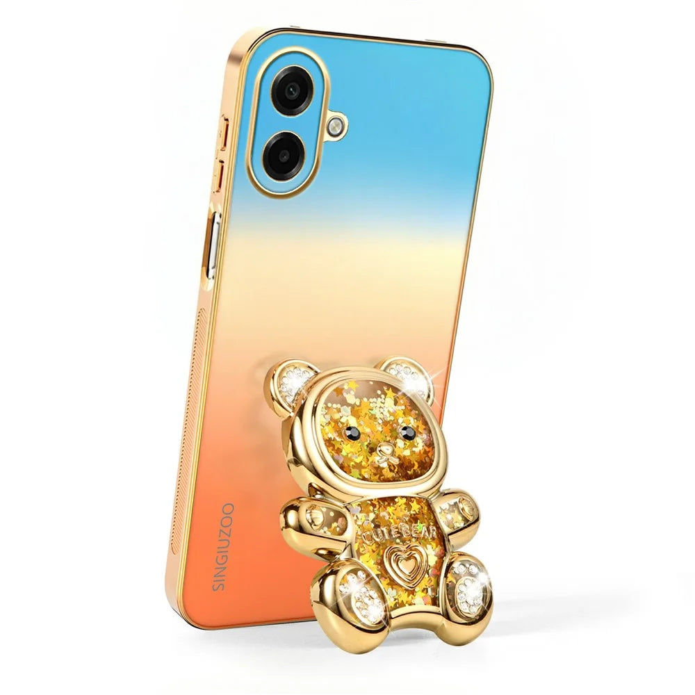 SINGIUZOO Electroplated Case for Samsung Galaxy A08 5G / A08 4G / A07 4G / A07 5G / M07 4G Glitter Bear Kickstand Gradient Color PC + TPU Phone Cover - Orange - 3
