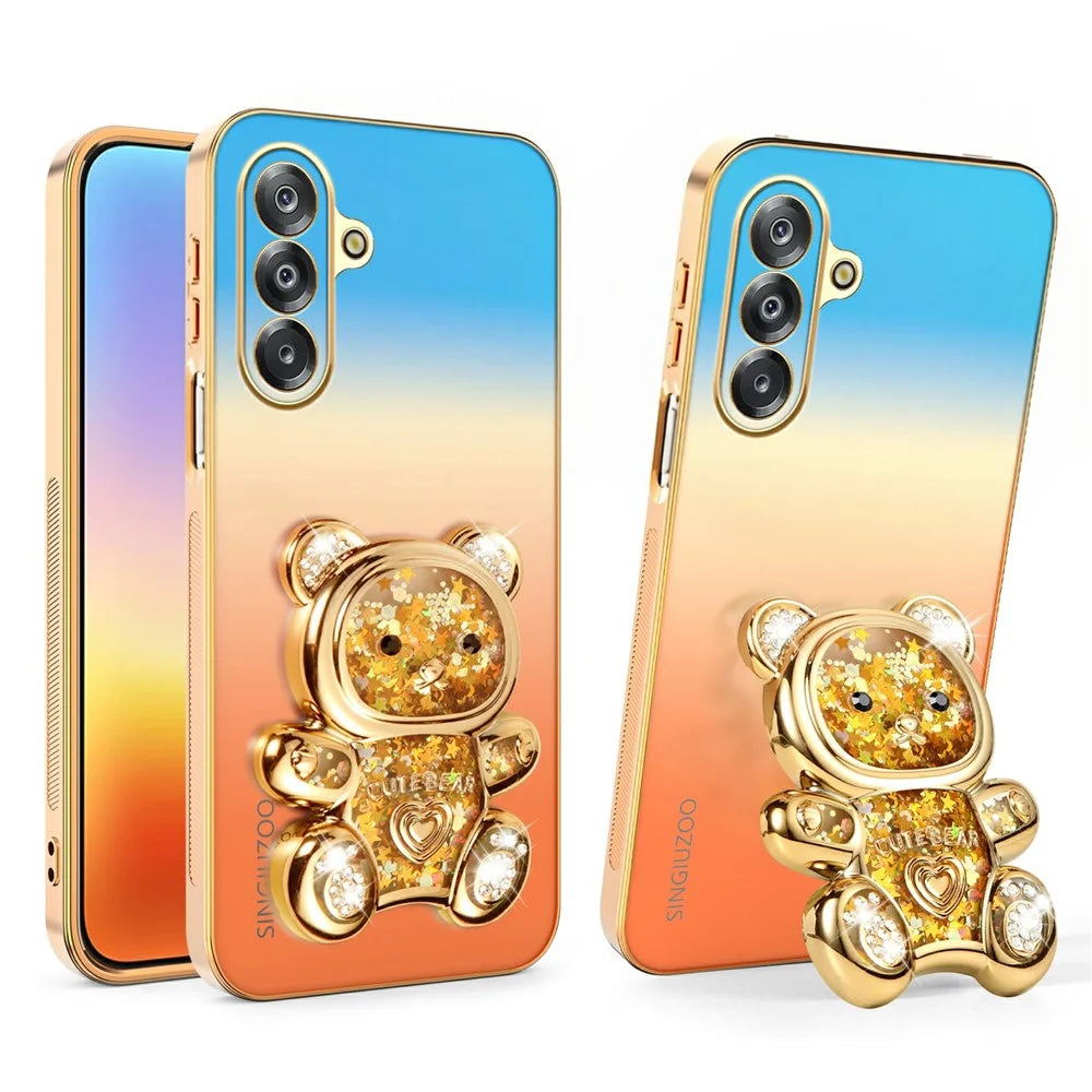 SINGIUZOO Electroplated Case for Samsung Galaxy A18 4G / A18 5G / A17 5G / A17 4G / F17 5G / M17 5G Glitter Bear Kickstand Gradient Color PC + TPU Phone Cover - Orange - 1