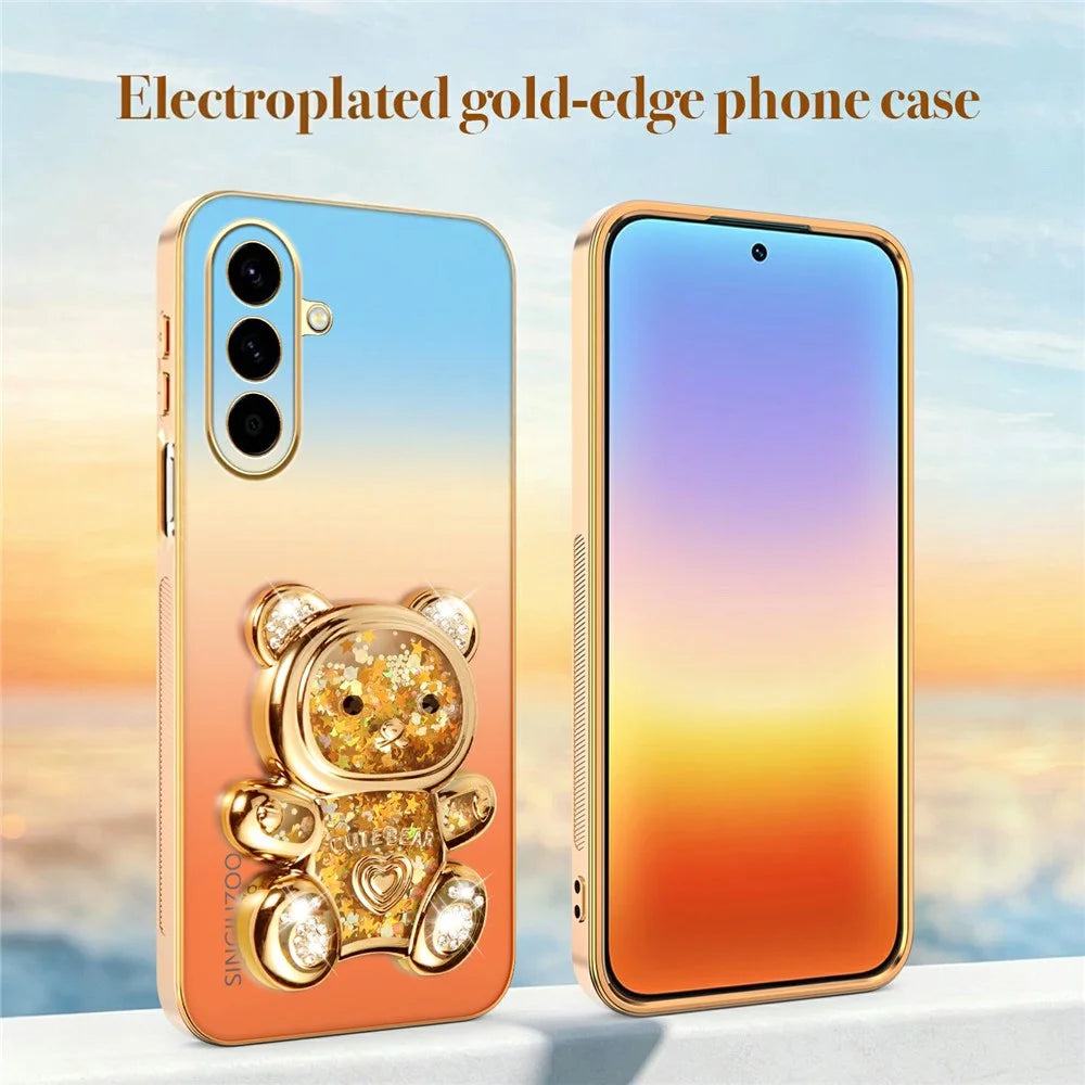 SINGIUZOO For Samsung Galaxy A56 5G Case Glitter Bear Kickstand Electroplated Gradient Color PC + TPU Phone Cover - Orange - 5