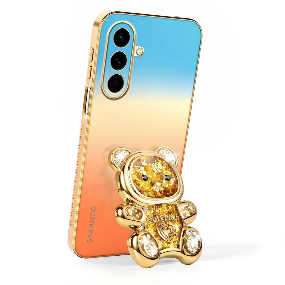 SINGIUZOO For Samsung Galaxy A57 5G Case Glitter Bear Kickstand Electroplated Gradient Color PC + TPU Phone Cover - Orange - 3