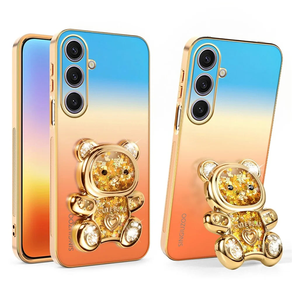 SINGIUZOO For Samsung Galaxy S25+ Case Glitter Bear Kickstand Electroplated Gradient Color PC + TPU Phone Cover - Orange - 1