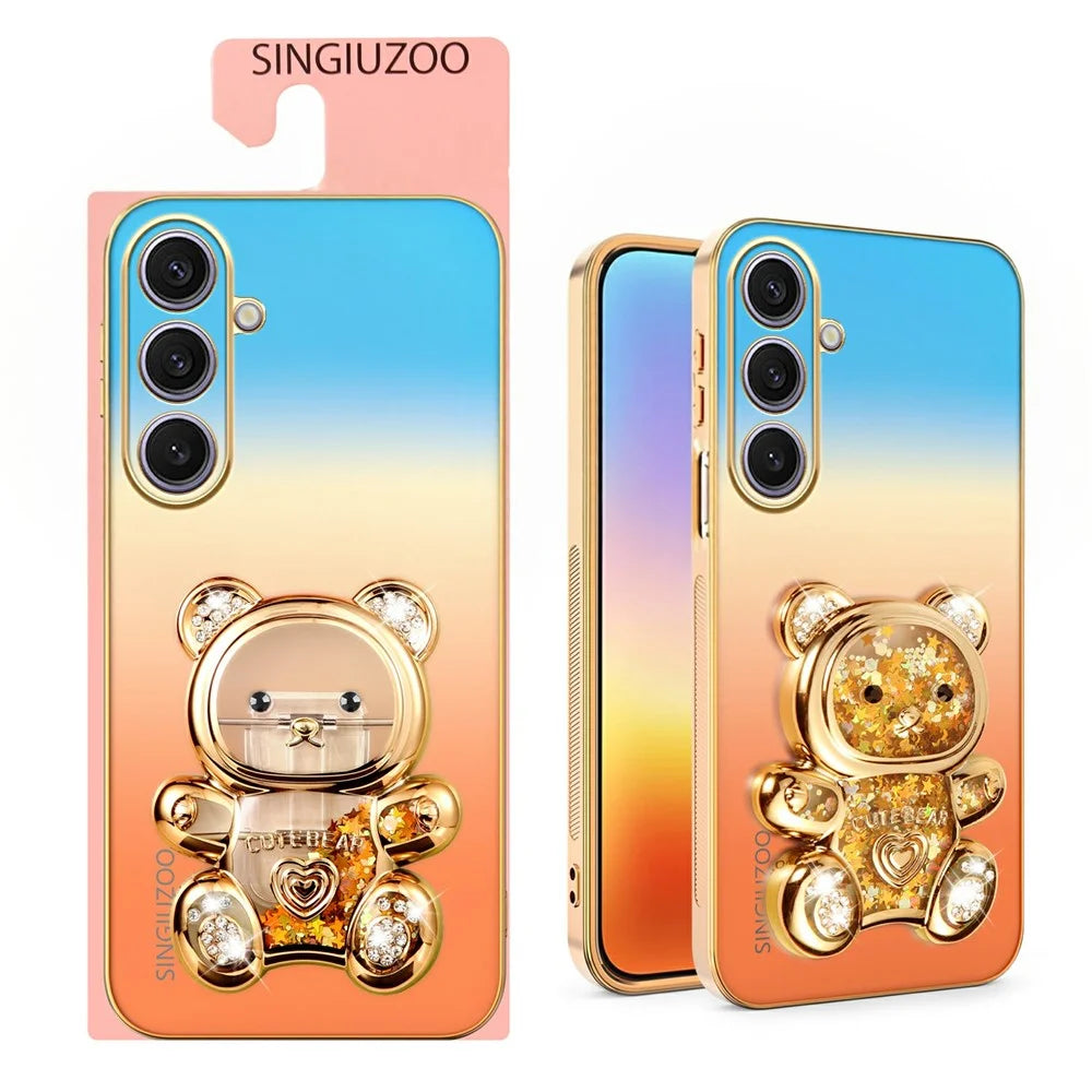 SINGIUZOO For Samsung Galaxy S25+ Case Glitter Bear Kickstand Electroplated Gradient Color PC + TPU Phone Cover - Orange - 2