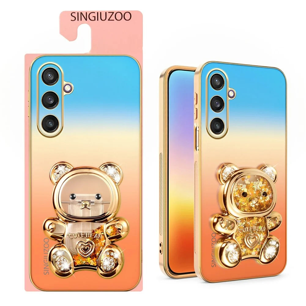 SINGIUZOO For Samsung Galaxy S25 Case Glitter Bear Kickstand Electroplated Gradient Color PC + TPU Phone Cover - Orange - 2