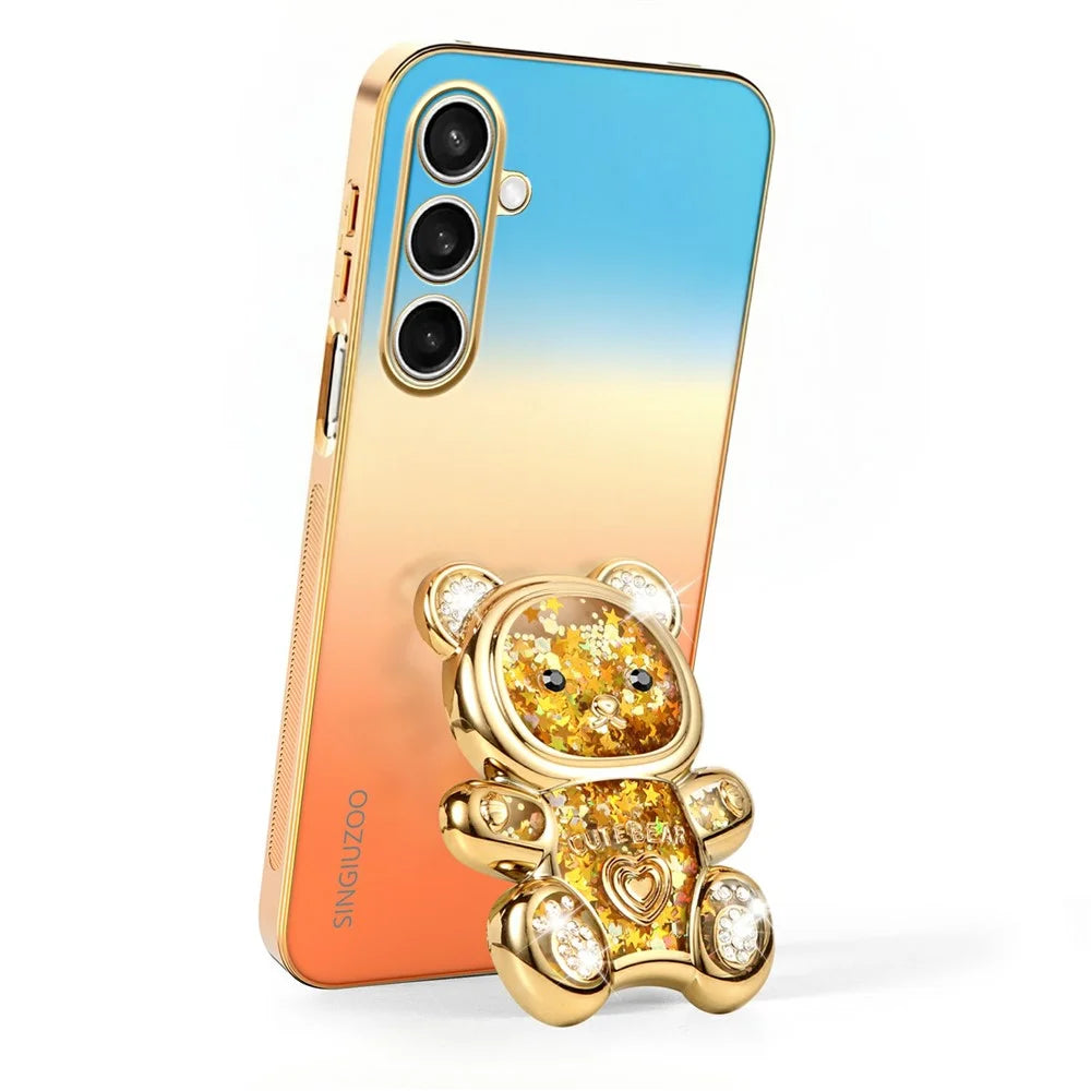 SINGIUZOO For Samsung Galaxy S25 FE Case Glitter Bear Kickstand Electroplated Gradient Color PC + TPU Phone Cover - Orange - 3