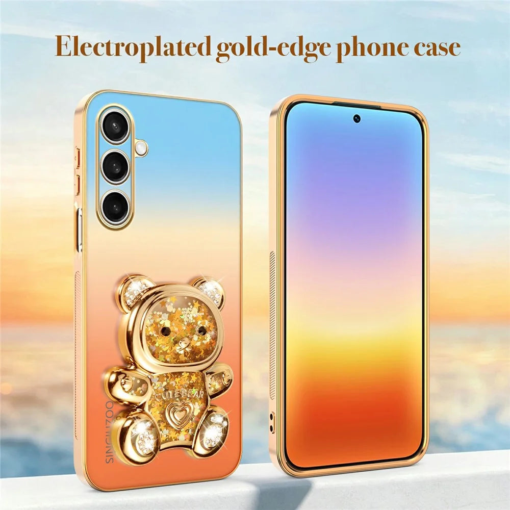 SINGIUZOO For Samsung Galaxy S25 FE Case Glitter Bear Kickstand Electroplated Gradient Color PC + TPU Phone Cover - Orange - 5