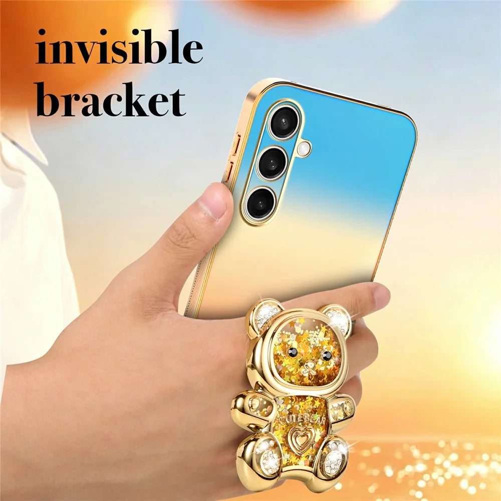 SINGIUZOO For Samsung Galaxy S25 FE Case Glitter Bear Kickstand Electroplated Gradient Color PC + TPU Phone Cover - Orange - 6