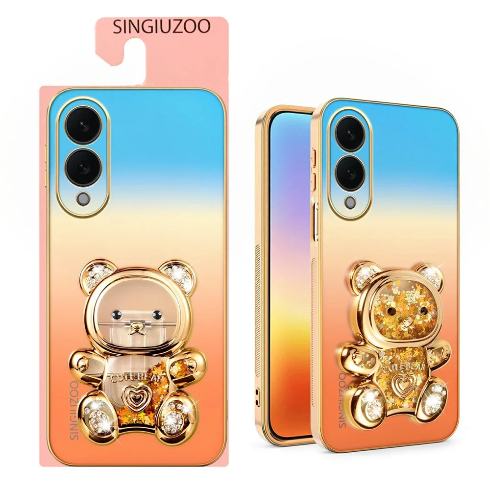 SINGIUZOO For Samsung Galaxy S25 Edge Case Glitter Bear Kickstand Electroplated Gradient Color PC + TPU Phone Cover - Orange - 2