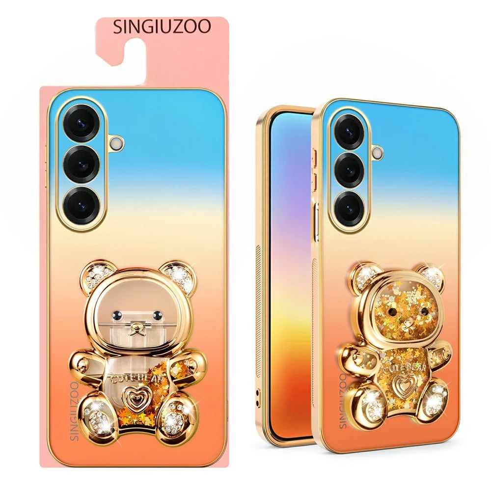 SINGIUZOO For Samsung Galaxy S26 Case Glitter Bear Kickstand Electroplated Gradient Color PC + TPU Phone Cover - Orange - 2