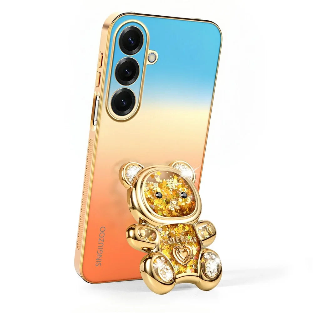 SINGIUZOO For Samsung Galaxy S26+ Case Glitter Bear Kickstand Electroplated Gradient Color PC + TPU Phone Cover - Orange - 3