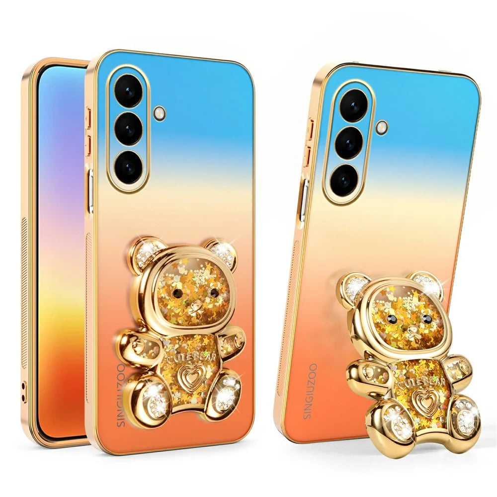 SINGIUZOO For Samsung Galaxy S26 FE Case Glitter Bear Kickstand Electroplated Gradient Color PC + TPU Phone Cover - Orange - 1