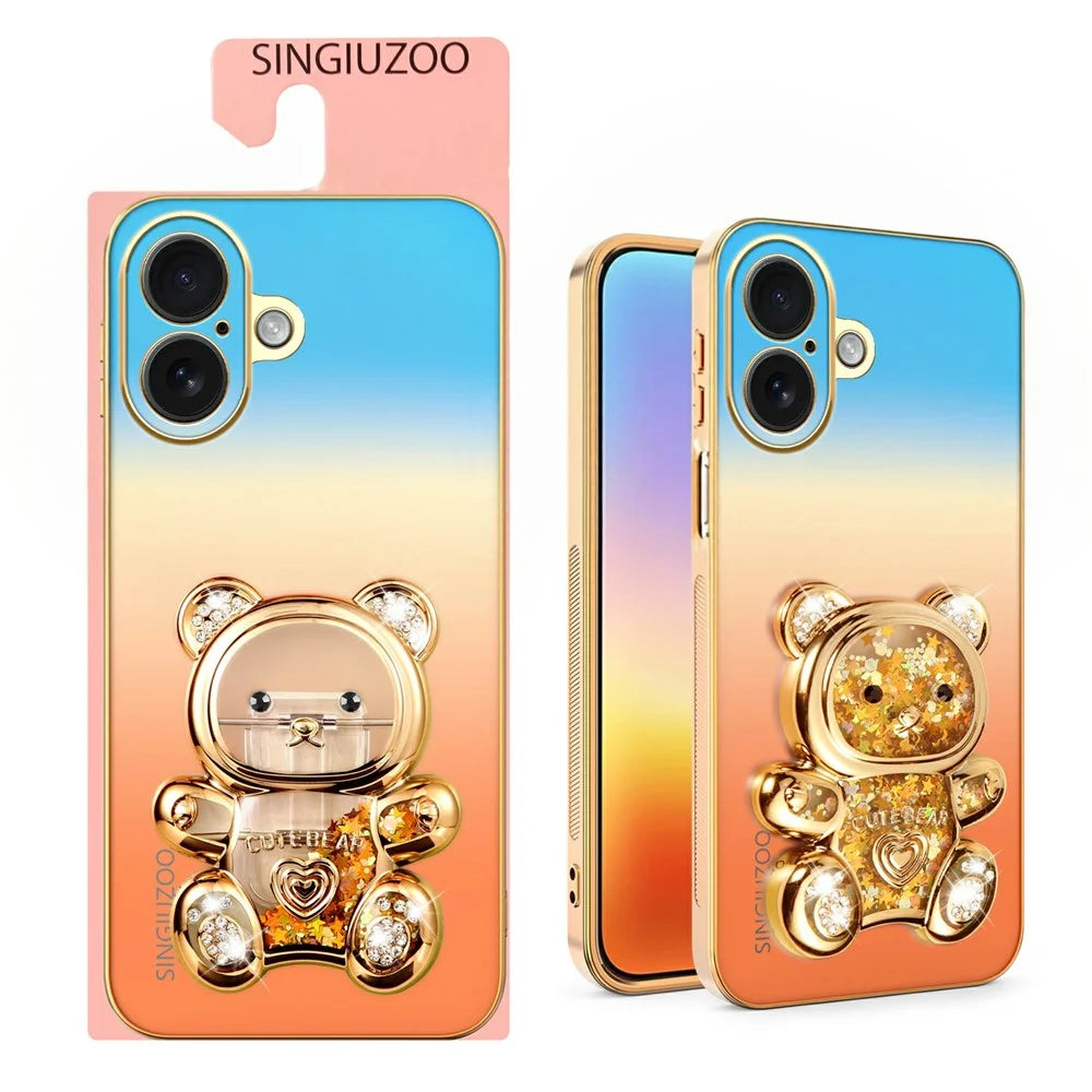 SINGIUZOO for iPhone 16 Case Glitter Bear Kickstand Electroplated Gradient Color PC + TPU Phone Cover - Orange - 2