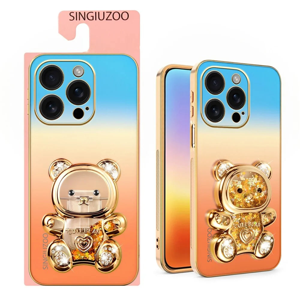 SINGIUZOO for iPhone 16 Pro Case Glitter Bear Kickstand Electroplated Gradient Color PC + TPU Phone Cover - Orange - 2