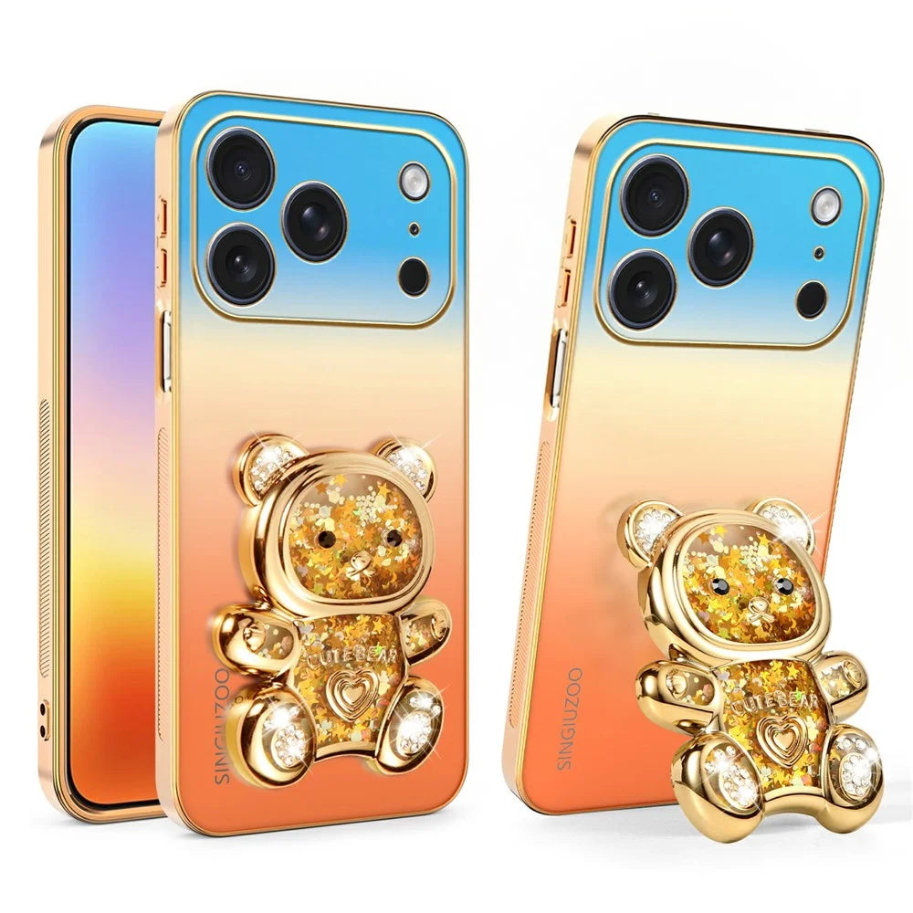 SINGIUZOO for iPhone 18 Pro / 17 Pro Case Glitter Bear Kickstand Electroplated Gradient Color PC + TPU Phone Cover - Orange - 1